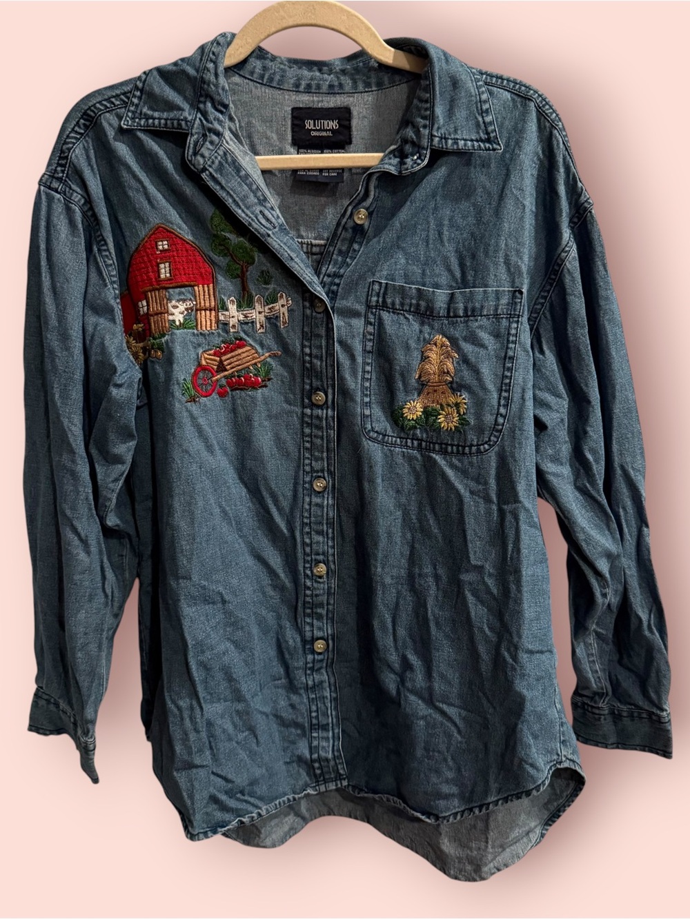 Vintage Solutions Embroidered Farm Denim Chambray Shirt Medium Cottagecore